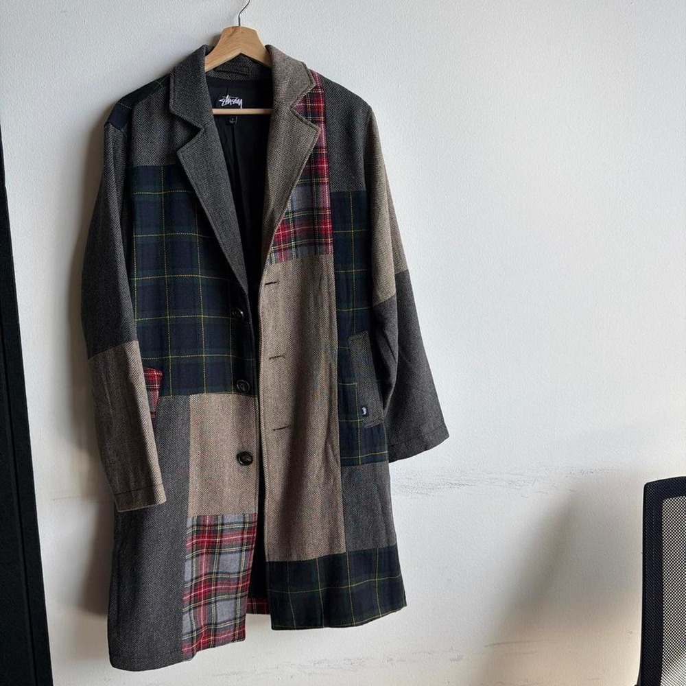 Stussy Patchwork Wool Blend Coat Grey Multi Plaid Herringbone 115416 Mens Small
